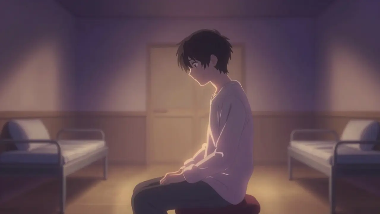 A person in a quiet room experiencing a dream-like state of dissociation with surreal effects.