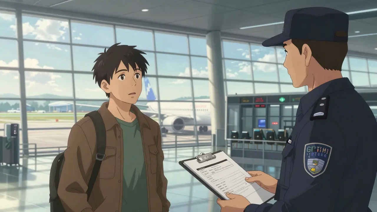 A traveler discussing medical documents with a security officer at an airport