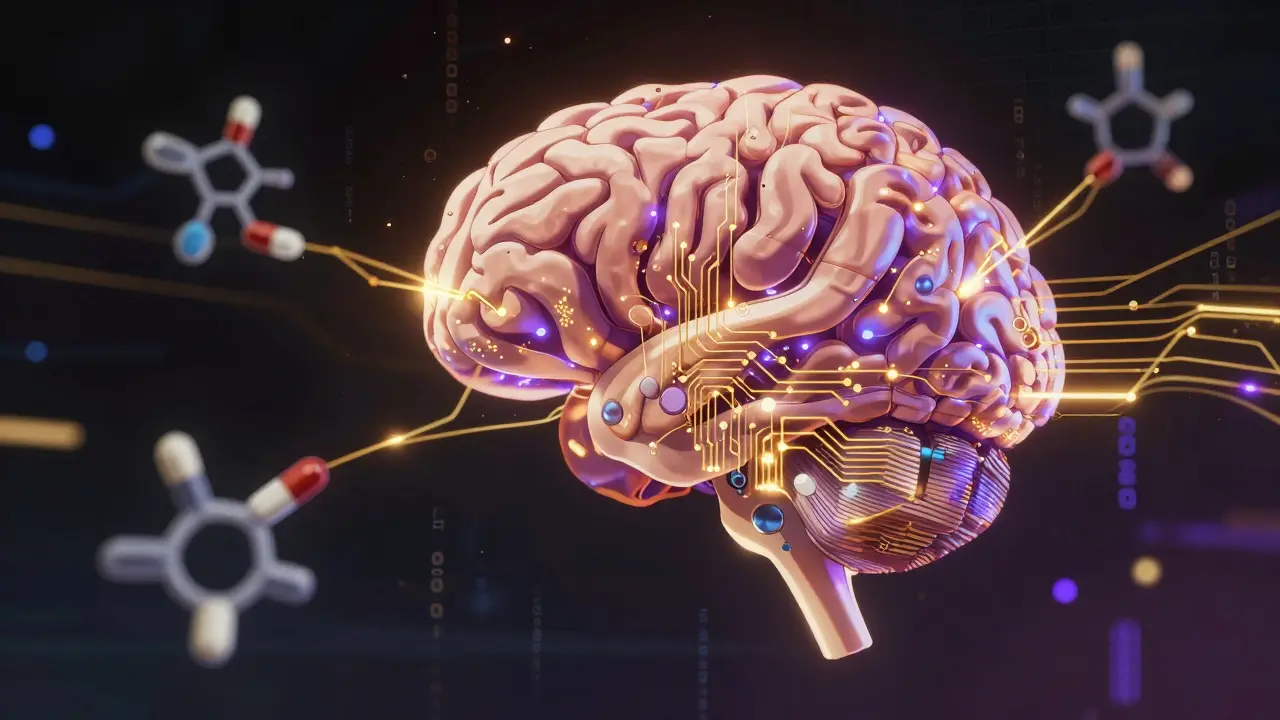 Abstract depiction of AI predicting drug interactions through digital neural networks.