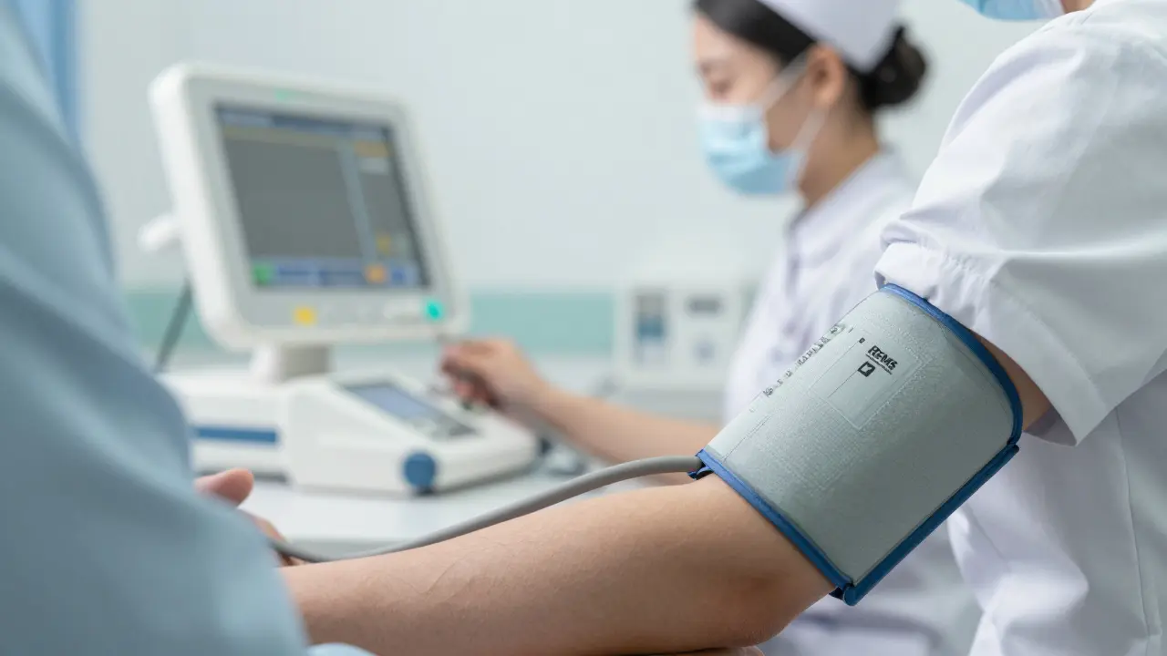 Close-up of a blood pressure cuff on an arm during medical monitoring in a clinic.