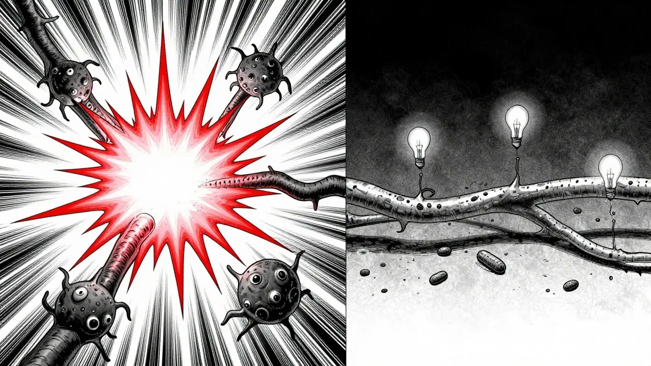 Comparison of active nerve inflammation versus the slow decay of nerve fibers and mitochondria.