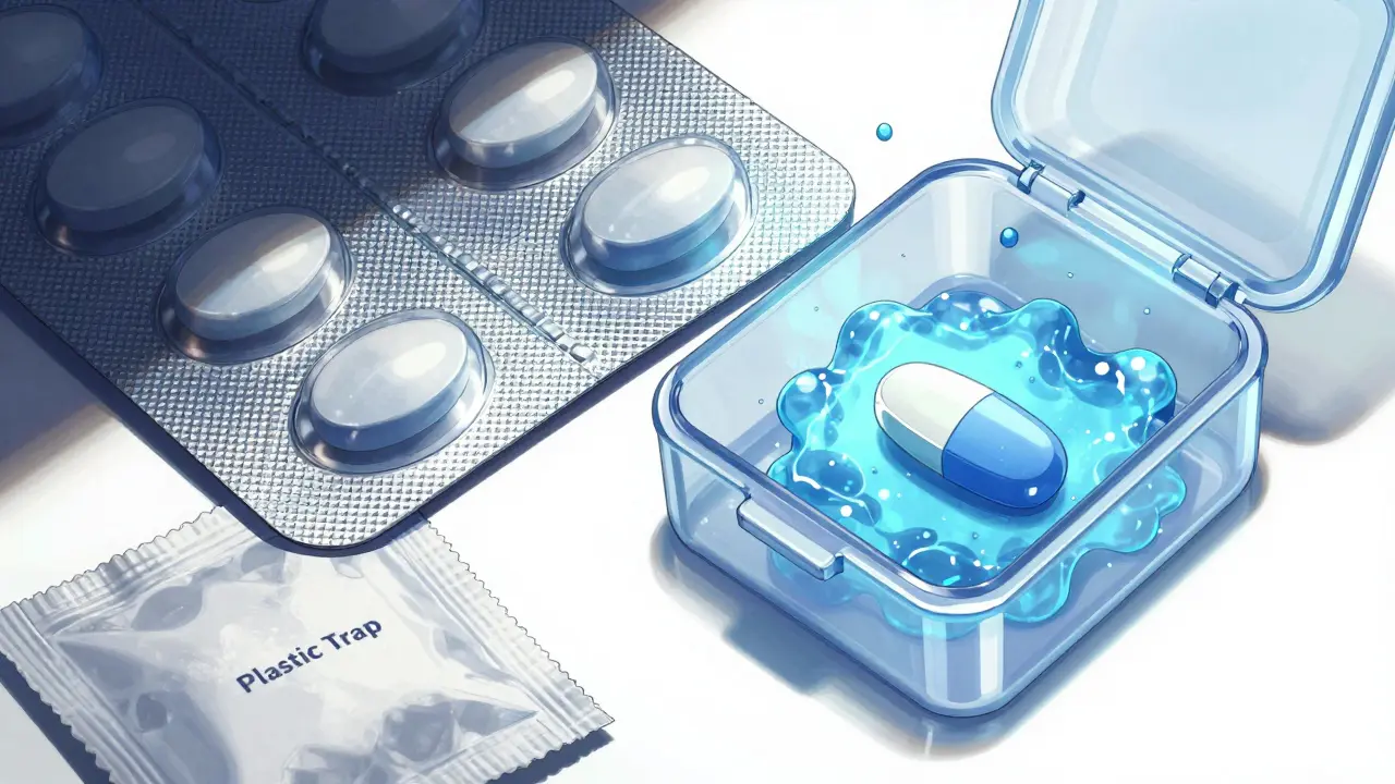 Conceptual view of a pill in foil versus a pill in plastic exposed to moisture.