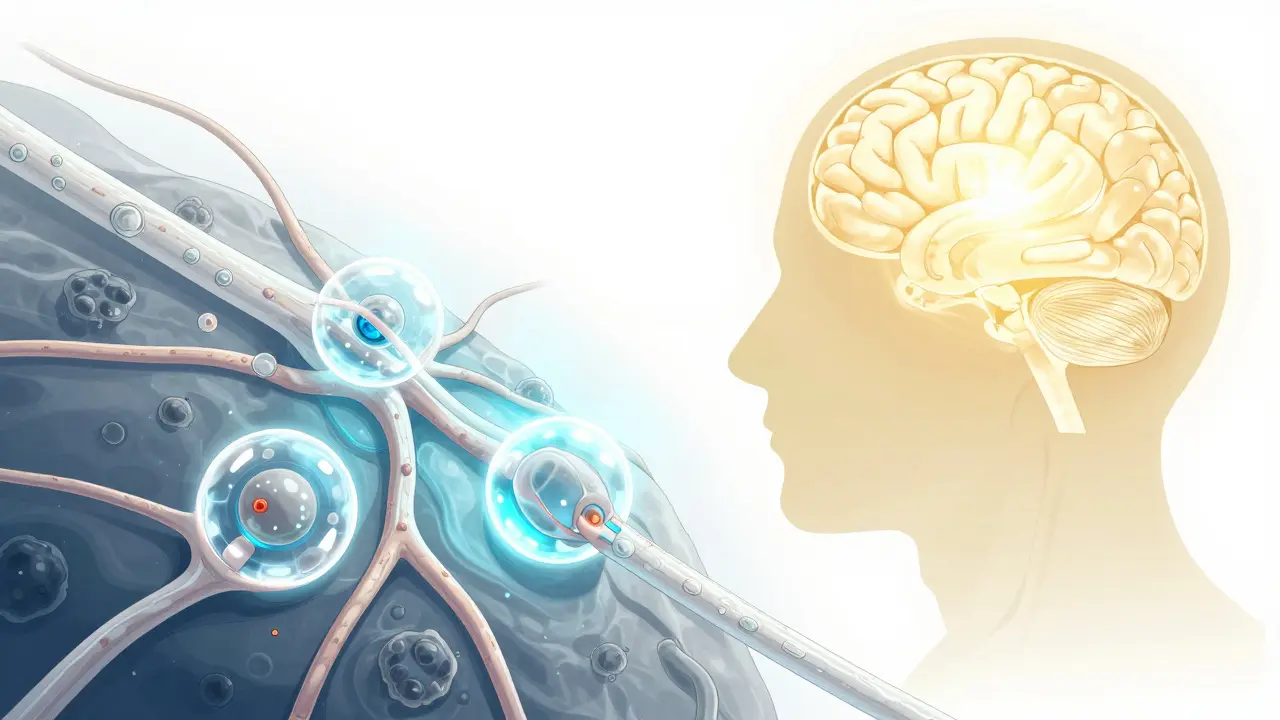 Microscopic view of oligodendrocytes repairing a nerve fiber with new myelin insulation.