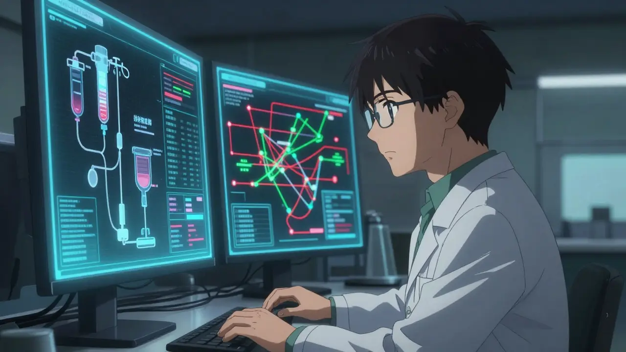 Pharmacist analyzing IV drug compatibility on holographic screens in a hospital.