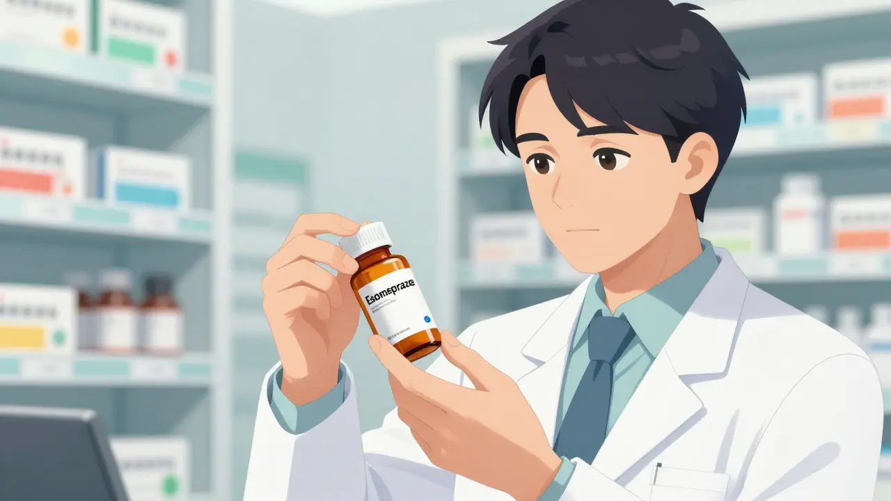 Pharmacist inspecting a medication bottle in a clinical setting in seinen anime style