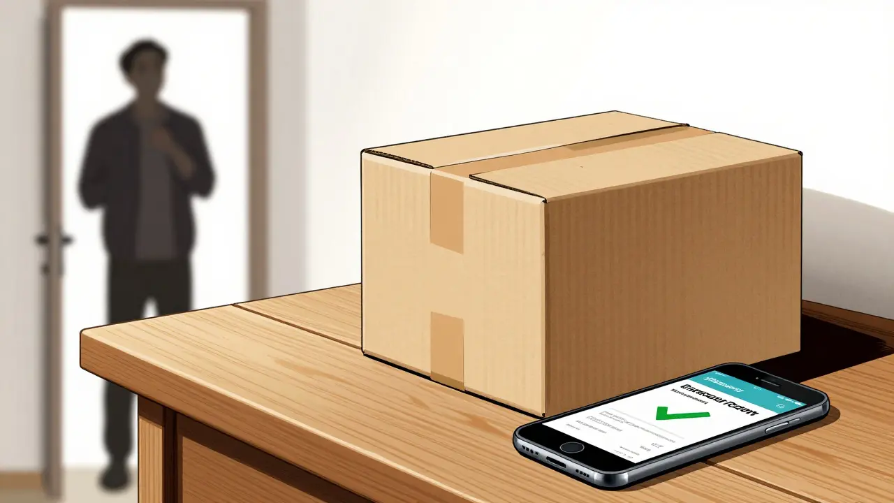 Pharmacy delivery box and smartphone with a discount coupon on a table