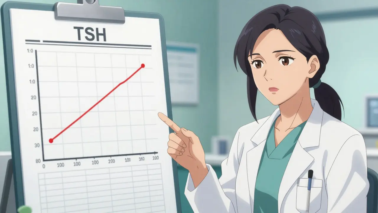 Woman discussing TSH medical charts and dose adjustments with a doctor.