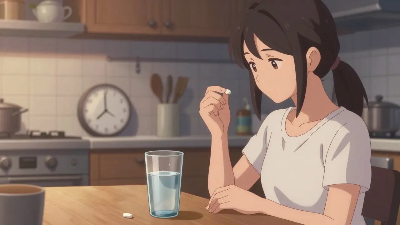 Woman taking thyroid medication with water in a kitchen during early morning.